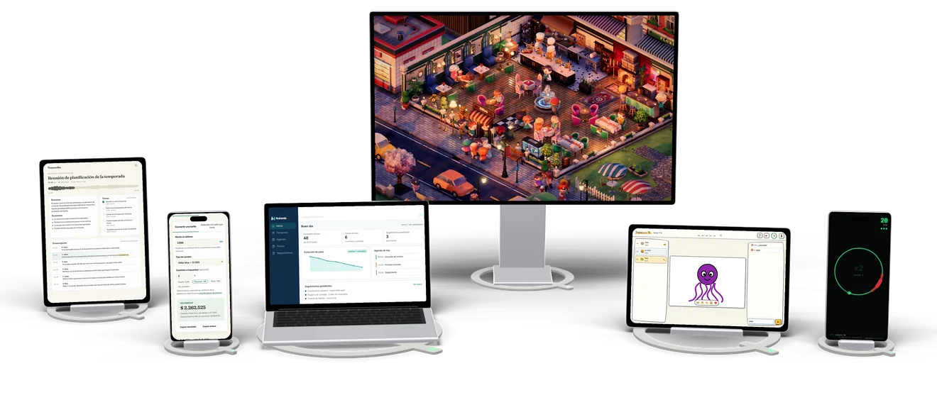Six unbranded devices on a studio backdrop, each resting on a base shaped like the Quovra Q and showing a product on screen: Transcribe on a portrait tablet, Cuánto Cobro on a phone, Nutremis on a laptop, Oliva on a monitor, TrazoLoco on a tablet and Pulso on another phone. The bases of the live products have their green light on.